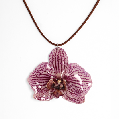 Choker exótico, joyería de diseño artesanal con flor de orquídea blanca y violeta natural sobre fondo blanco
