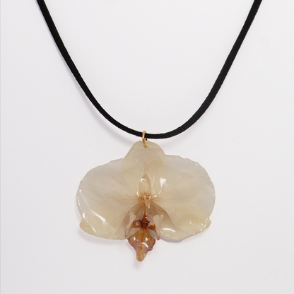 Choker crema, joyería de diseño artesanal con flor de orquídea natural sobre fondo blanco
