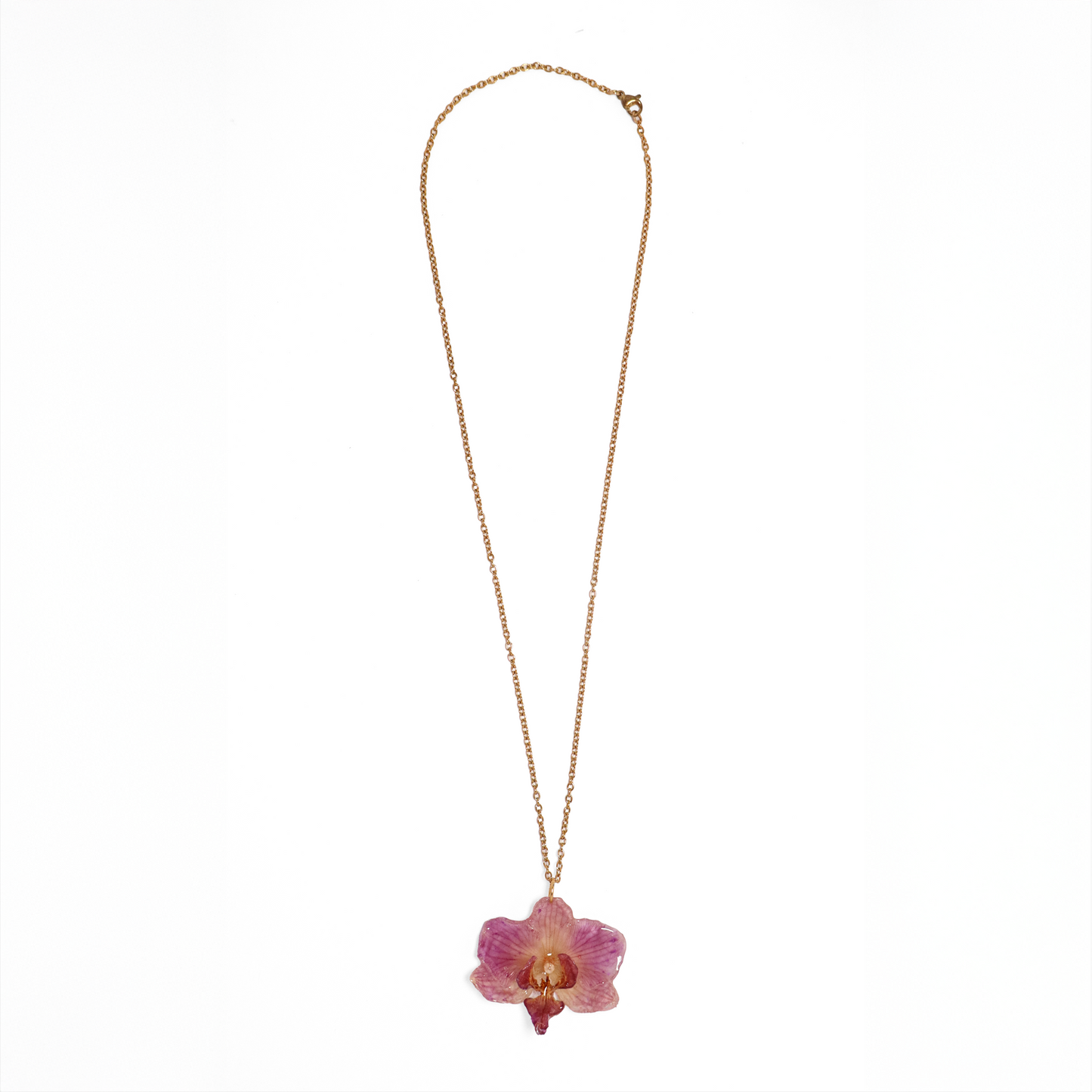 Collar rosado pequeño, joyería de diseño artesanal con flor de orquídea natural sobre fondo blanco

