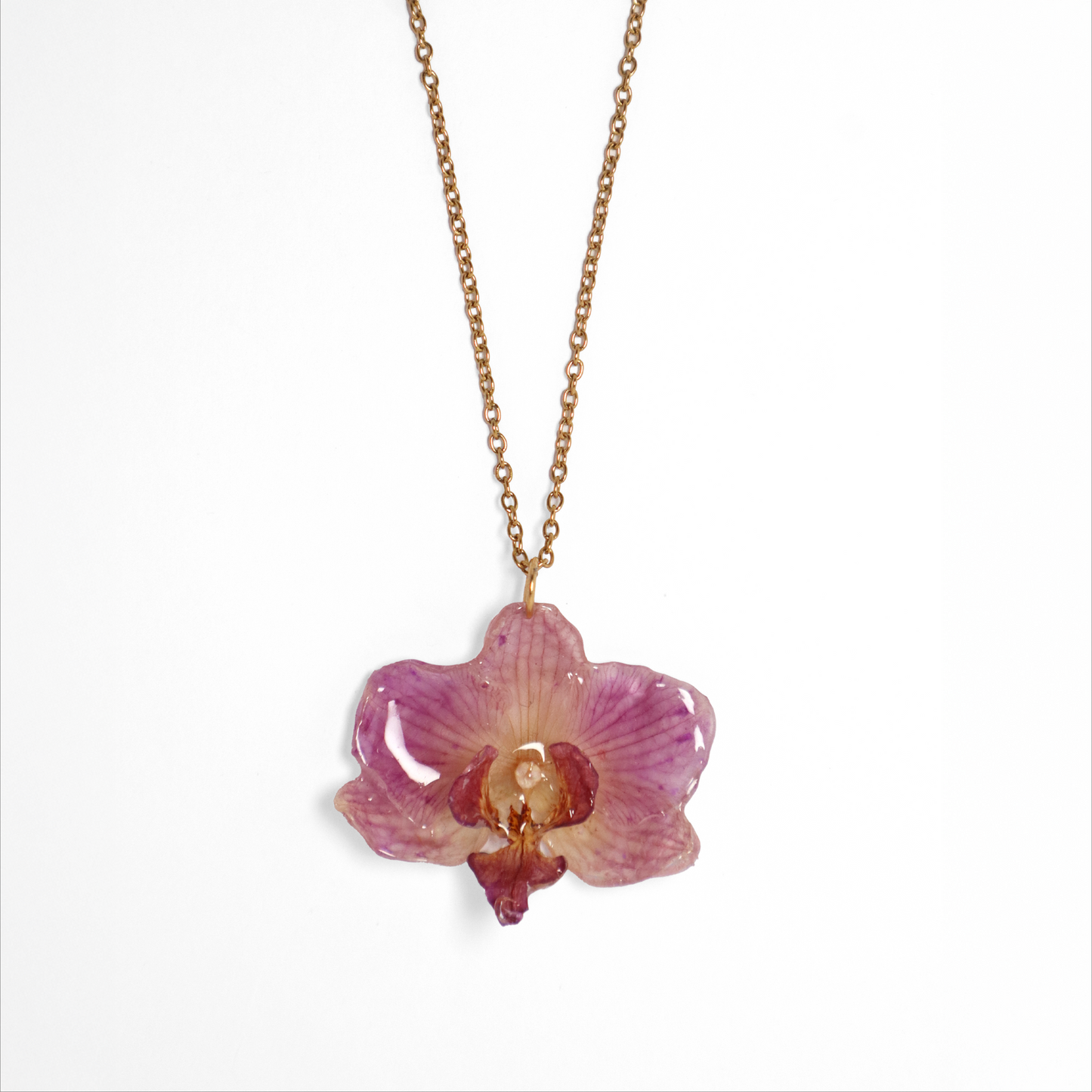 Collar rosado pequeño, joyería de diseño artesanal con flor de orquídea natural sobre fondo blanco
