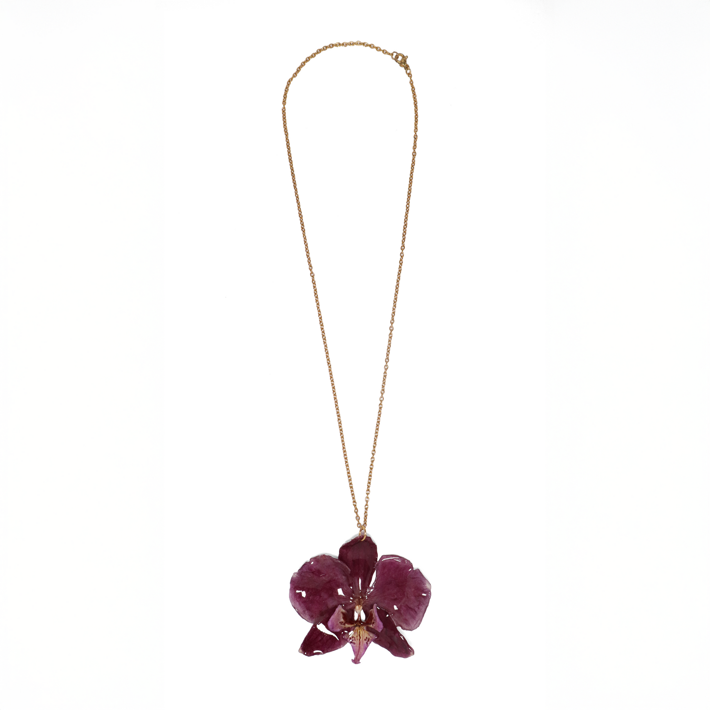 Collar violeta, joyería de diseño artesanal con flor de orquídea natural sobre fondo blanco
