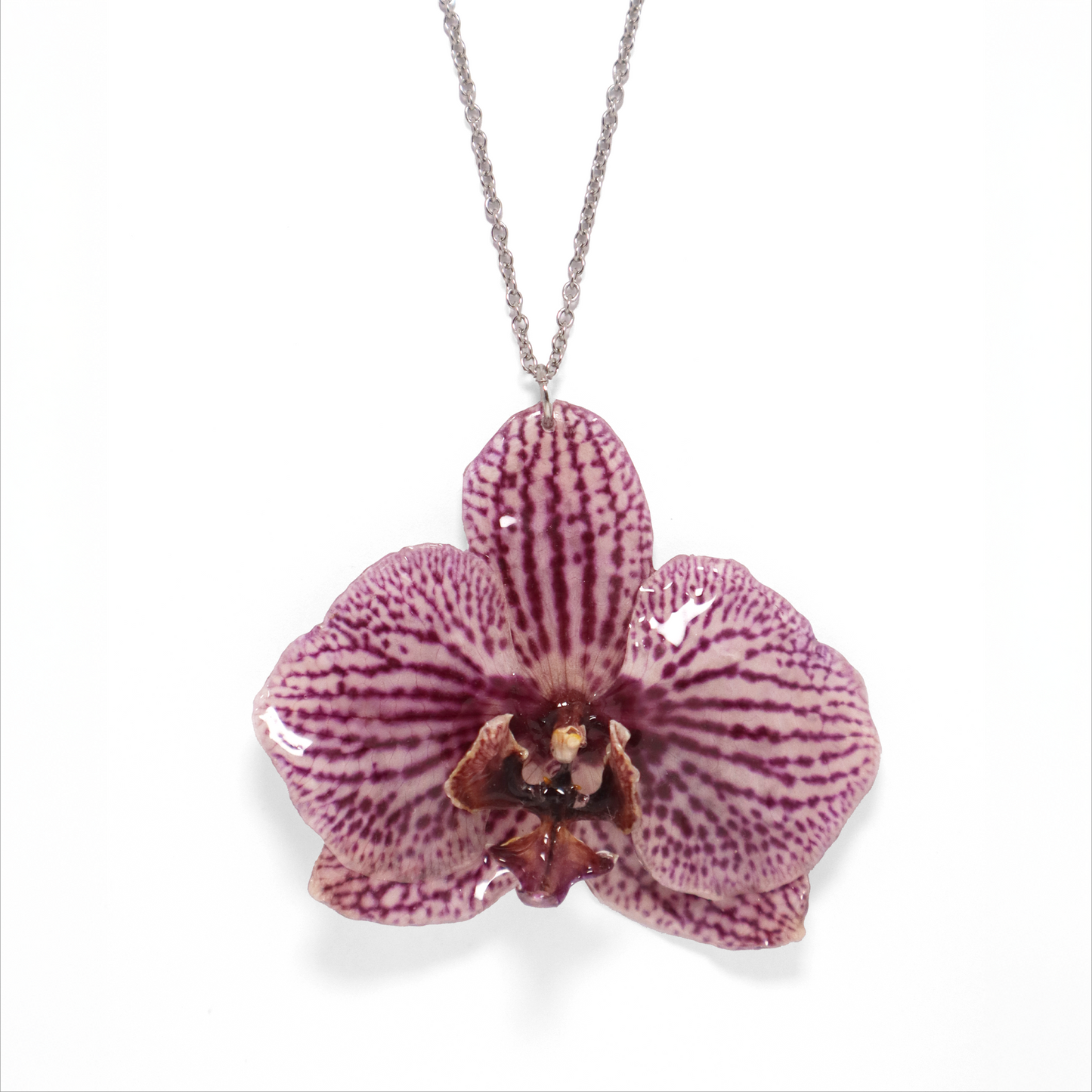 Collar exótico, joyería de diseño artesanal con flor de orquídea blanca y violeta natural sobre fondo blanco
