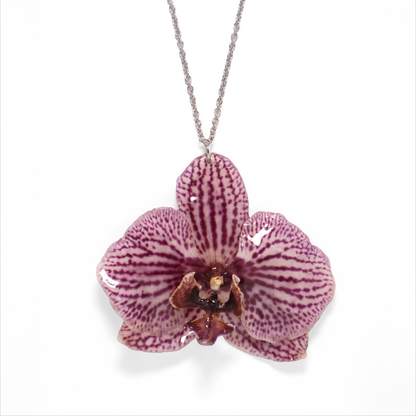 Collar exótico, joyería de diseño artesanal con flor de orquídea blanca y violeta natural sobre fondo blanco
