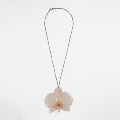 Collar crema, joyería de diseño artesanal con flor de orquídea natural sobre fondo blanco
