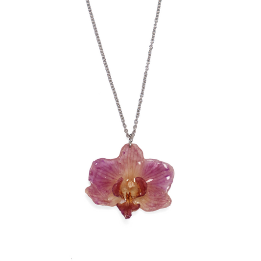 Collar rosado pequeño, joyería de diseño artesanal con flor de orquídea natural sobre fondo blanco
